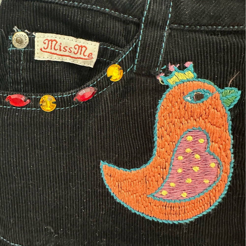 Miss Me Black Embroidered Corduroy Skirt with Floral & Bird Motifs - Picture 5 of 10